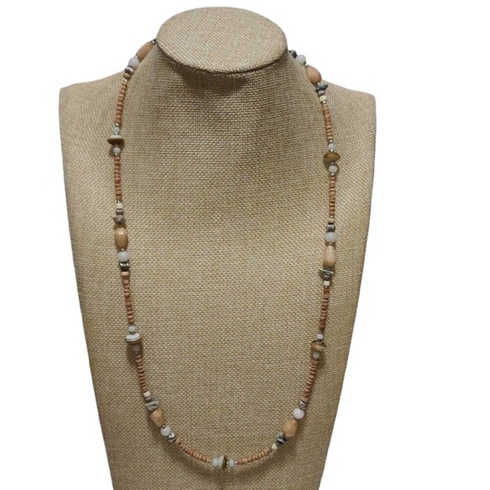 Treska Gypsy Warehouse Wood and Stone Beaded Boho Necklace Tan Cream Silver 28